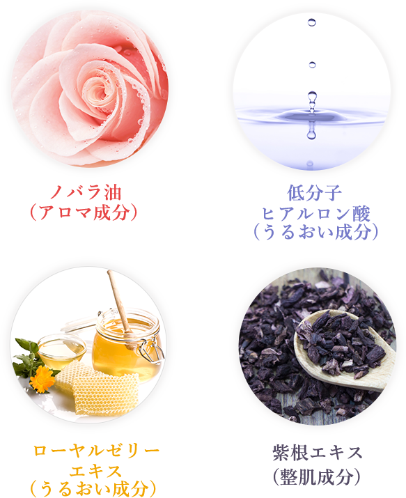 ノバラ油(アロマ成分)低分子 ヒアルロン酸 (うるおい成分) ローヤルゼリーエキス(うるおい成分)紫根エキス(整肌成分)