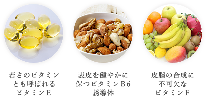 若さのビタミンとも呼ばれるビタミンE 表皮を健やかに保つビタミンB6誘導体 皮脂の合成に不可欠なビタミンF